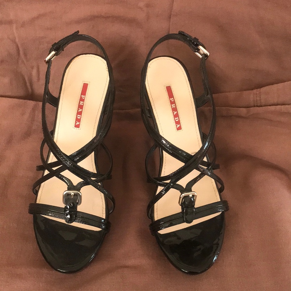 Wedge patent leather Prada sandals